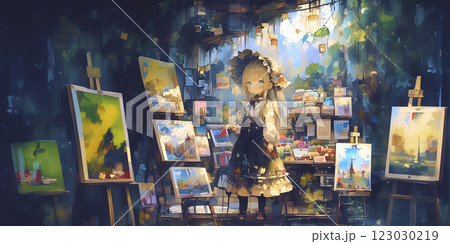 フリーマーケットで絵を売る女性。水彩画。イラスト。バナー素材。チラシ素材。挿絵。 フリーマーケットで絵を売る女性。水彩画。イラスト。バナー素材。チラシ素材。挿絵。 123030219