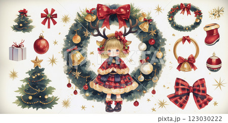 クリスマスにトナカイコスをした女性。水彩画。イラスト。バナー素材。チラシ素材。挿絵。 123030222