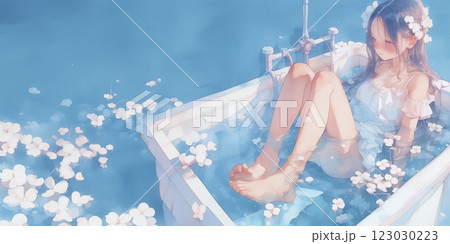 水着でお風呂に入る女性。水彩画。イラスト。バナー素材。チラシ素材。挿絵。 123030223