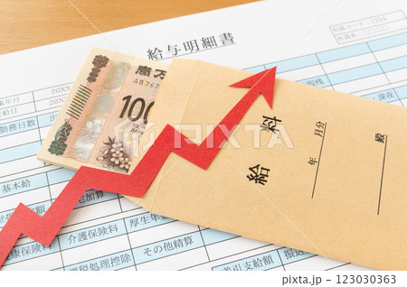 給与明細書と給料袋と上昇矢印　サラリー 123030363