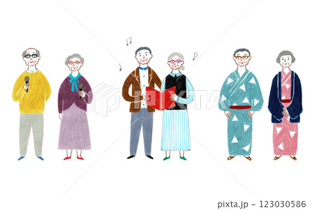 手描きイラスト　趣味を一緒に楽しむシニア世代夫婦 123030586