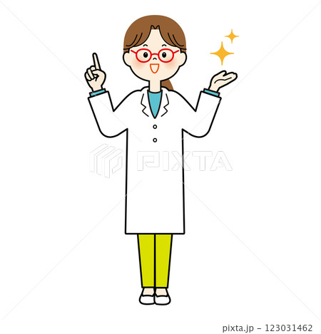 白衣の女性の医者が指差しをしている 123031462