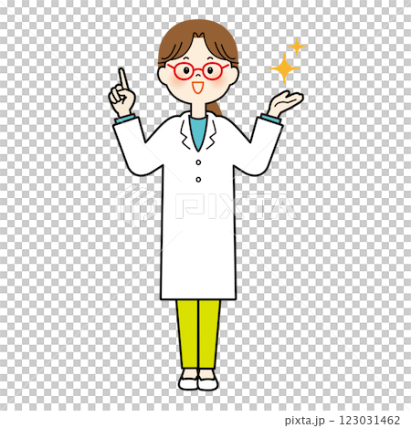 白衣の女性の医者が指差しをしている 123031462