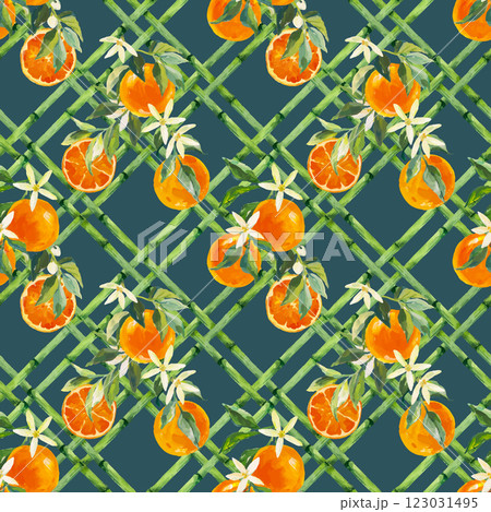 Beautiful vector seamless pattern with hand drawn bamboo lattice with oranges in vacation style. Ready print design. Beautiful vector seamless pattern with hand drawn bamboo lattice with oranges in vacation style. Ready print design. 123031495