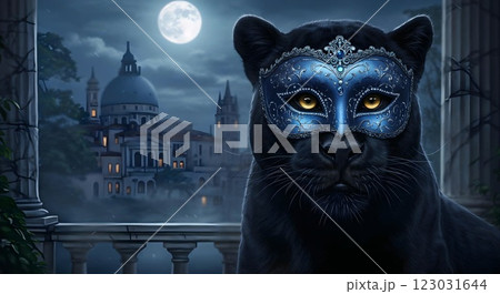 The Majestic and Mysterious Panther Wearing a Mask Stands Against a Moonlit Cityscape The Majestic and Mysterious Panther Wearing a Mask Stands Against a Moonlit Cityscape 123031644