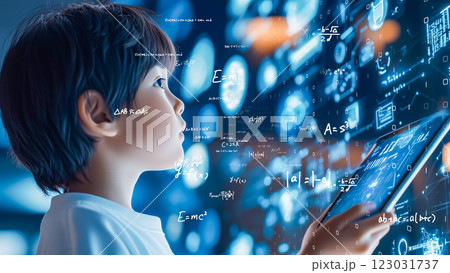 未来的タブレットを通じて高度な数学を探求する子供 未来的タブレットを通じて高度な数学を探求する子供 123031737