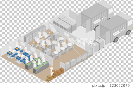 アイソメトリックな給食センターの中で調理をしている人たち 123032079