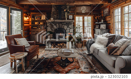 Warm interior of a log cabin with a stone fireplace and cozy decor 123032103