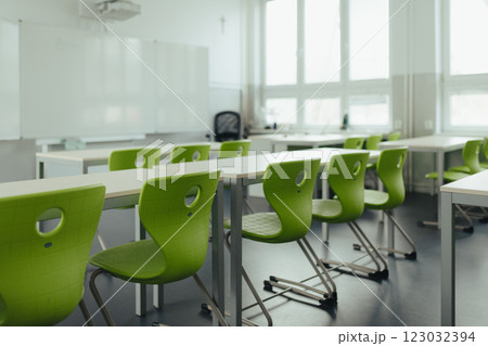 Science lab or classroom in school. Empty classroom with green plastic chairs. 123032394