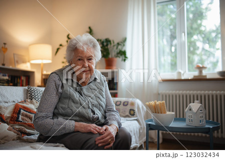 Lovely elderly woman sitting in living room alone, without family. Lovely elderly woman sitting in living room alone, without family. 123032434