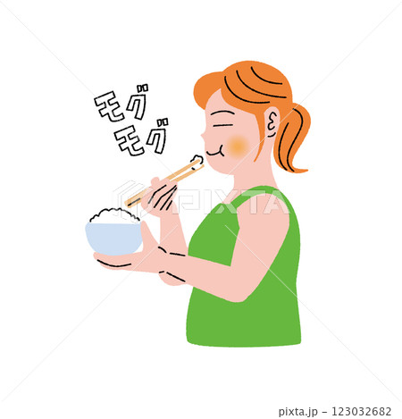 横から見たモグモグ白米を食べる女性 横から見たモグモグ白米を食べる女性 123032682