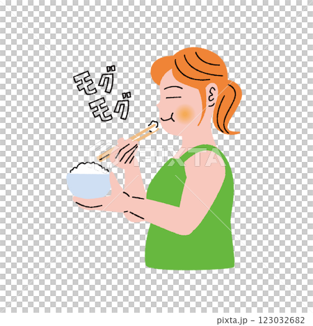 横から見たモグモグ白米を食べる女性 横から見たモグモグ白米を食べる女性 123032682