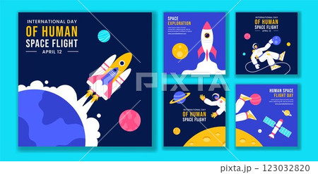 Human Space Flight Celebration Social Media Post Template in Flat Cartoon Design 123032820