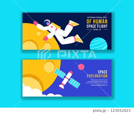 Flat Style Cartoon Illustration for Human Space Flight Anniversary Horizontal Banner Flat Style Cartoon Illustration for Human Space Flight Anniversary Horizontal Banner 123032823