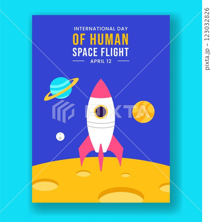 Flat Style Vertical Poster of International Day of Human Space Flight Celebration Flat Style Vertical Poster of International Day of Human Space Flight Celebration 123032826