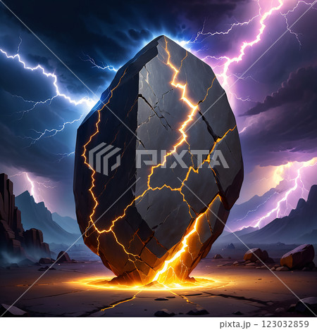 A large, cracked stone stands on a rocky plain under a stormy sky. Lightning strikes illuminate the scene, and the cracks in the stone glow with a warm, orange light. 123032859