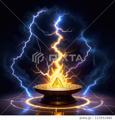 A golden altar with intricate carvings sits on a stone platform, surrounded by glowing yellow and blue lightning strikes. A golden crystal sits atop the altar, absorbing the energy. 123032860