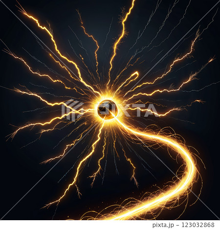 A golden sphere surrounded by a radiating pattern of bright yellow lightning. A curved path of lightning extends from the sphere towards the bottom right. A golden sphere surrounded by a radiating pattern of bright yellow lightning. A curved path of lightning extends from the sphere towards the bottom right. 123032868