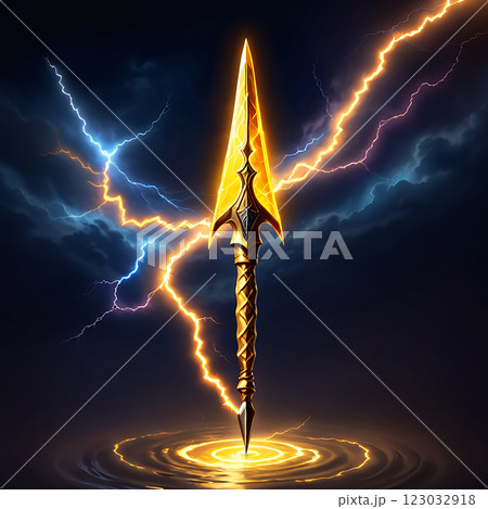 A golden spear with a sharp point pierces a stormy sky, surrounded by crackling lightning bolts and a swirling pool of light at its base. 123032918