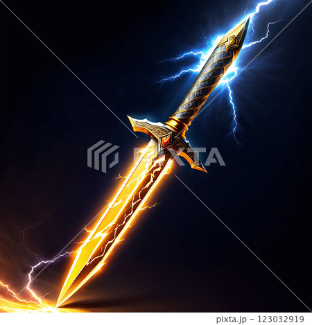 A golden dagger with a blue and black handle is surrounded by electric blue lightning. The dagger glows an electric yellow. 123032919