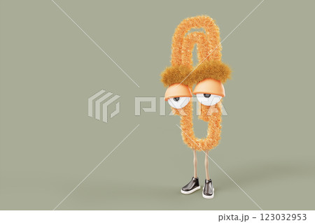 3d cute character of school stationery paper clip on green render background. Cartoon funny fur fluffy student education mascot paperclip with hairy texture and sleepy eyes face. 3D illustration 3d cute character of school stationery paper clip on green render background. Cartoon funny fur fluffy student education mascot paperclip with hairy texture and sleepy eyes face. 3D illustration 123032953