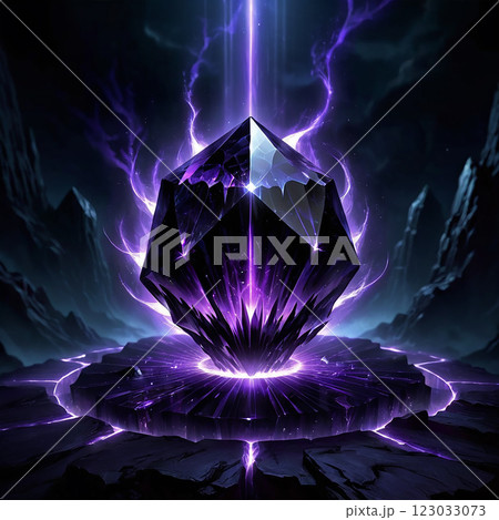 A large, faceted purple crystal with a glowing core sits on a circular platform surrounded by dark, rocky mountains. Purple energy radiates from the crystal. 123033073