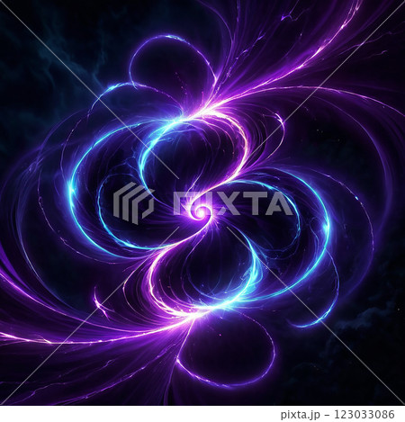 A swirling vortex of purple and blue energy, creating an abstract design against a dark background. The lines are bright and luminous. 123033086