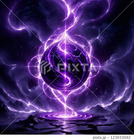 A glowing purple sphere levitates over a rocky landscape with a swirling vortex of energy emanating from its core and extending upwards. 123033092