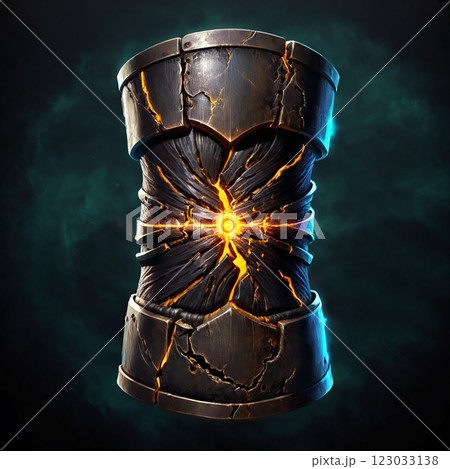 A weathered stone shield with a glowing, pulsating core in the center. The shield is cracked and aged, with a metal rim and intricate details. 123033138