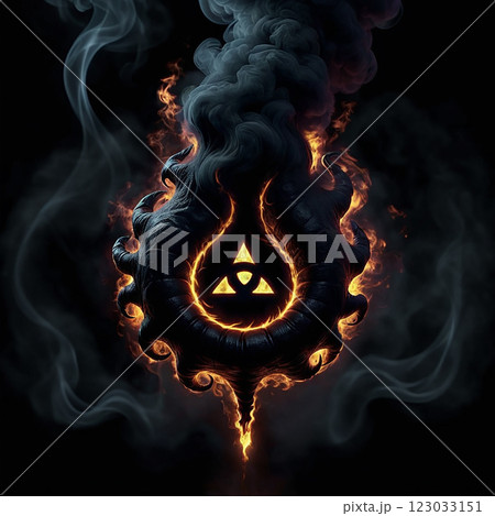 A dark, clawed hand engulfed in flames holds a glowing triangular symbol at its center. Smoke billows around the hand, adding to the ominous atmosphere. 123033151