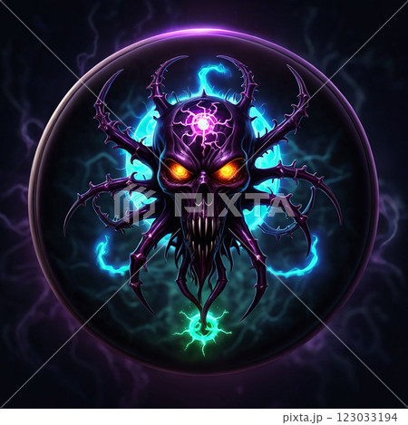 A dark, demonic creature with a spiked skull and glowing eyes is depicted in a circular frame. The creature is surrounded by ethereal blue and green light, giving it a menacing and otherworldly aura. 123033194