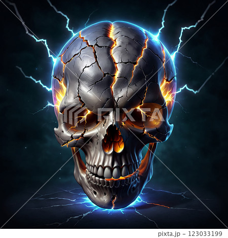 A cracked skull with glowing eyes, emanating blue and orange electricity. The skull rests on a cracked surface and is surrounded by a dark blue background. 123033199