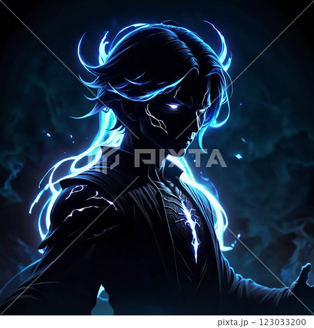 A shadowy figure with flowing blue energy emanating from their body. The figures eyes glow brightly, suggesting a mystical power. 123033200