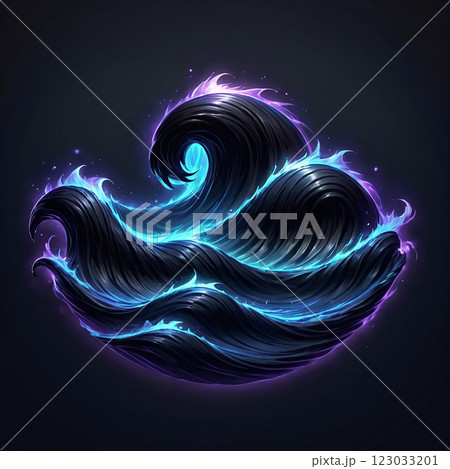 A swirling, abstract digital art piece depicting a dark blue wave with glowing blue and purple accents against a dark background. 123033201