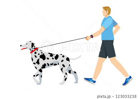 ダルメシアン、犬の散歩、ウォーキングする白人男性のシンプルなイラスト　フラットデザイン 123033238