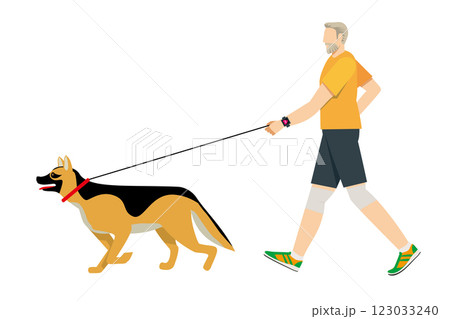 シェパード、犬の散歩、ウォーキングする高齢白人男性のシンプルなイラスト　フラットデザイン 123033240