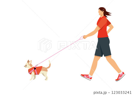 チワワ、犬の散歩、ウォーキングする女性のシンプルなイラスト　フラットデザイン 123033241