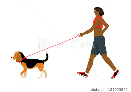コーギー、犬の散歩、ウォーキングする黒人女性のシンプルなイラスト　フラットデザイン 123033242