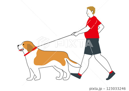 セントバーナード犬の散歩、ウォーキングする太った男性のシンプルなイラスト　フラットデザイン　主線あり 123033246