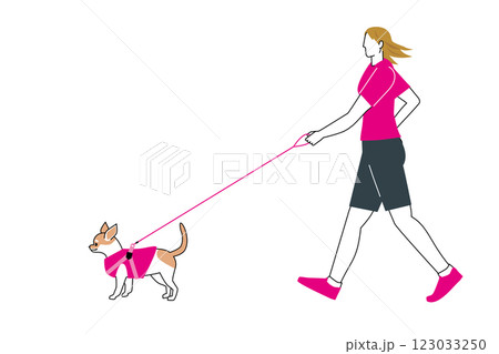 チワワ、犬の散歩、ウォーキングする女性のシンプルなイラスト　フラットデザイン、主線あり 123033250