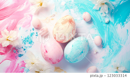 Happy Easter eggs brush pattern pastel color with decorative elements spring season on white background Top view 123033314