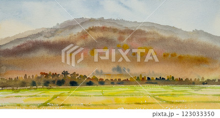 Watercolor landscape painting panorama colorful of mountain range beautiful field trees. 123033350