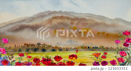 Watercolor landscape painting panorama colorful of mountain range beautiful field trees Watercolor landscape painting panorama colorful of mountain range beautiful field trees 123033351