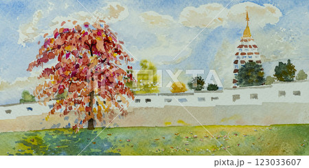 Watercolor landscape painting panorama colorful of natural beauty red flowers tree. Watercolor landscape painting panorama colorful of natural beauty red flowers tree. 123033607
