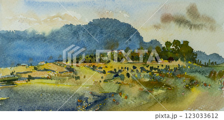 Travel rural village beautiful farm scenery in Thailand. Watercolor landscape original paintings. Travel rural village beautiful farm scenery in Thailand. Watercolor landscape original paintings. 123033612