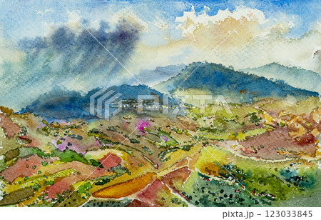 Watercolor landscape original paintings on paper colorful of Village, rice field, farm on mountain. Watercolor landscape original paintings on paper colorful of Village, rice field, farm on mountain. 123033845