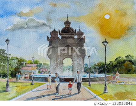 Laos travel landmarks. Patuxay monument in Vientiane famous landmarks of Laos. Watercolor paintings 123033848