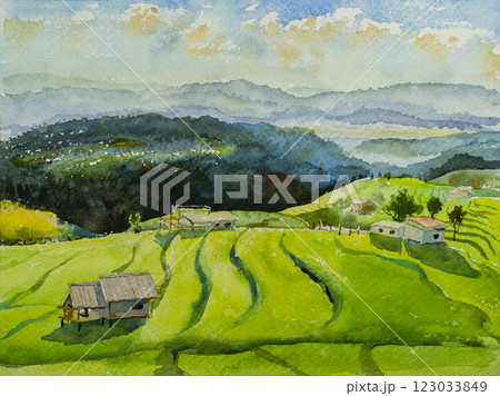 Travel rice terraces beautiful farm landmarks in Thailand. Watercolor paintings landscape Travel rice terraces beautiful farm landmarks in Thailand. Watercolor paintings landscape 123033849