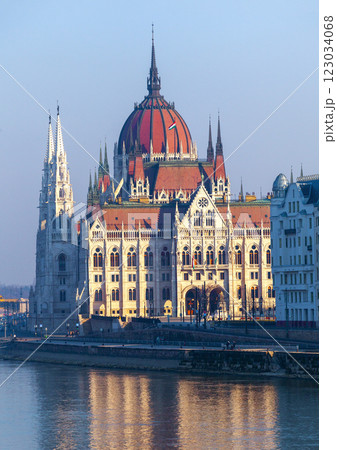 Hungarian parliament in Budapest, view from other bank of Danube Hungarian parliament in Budapest, view from other bank of Danube 123034068
