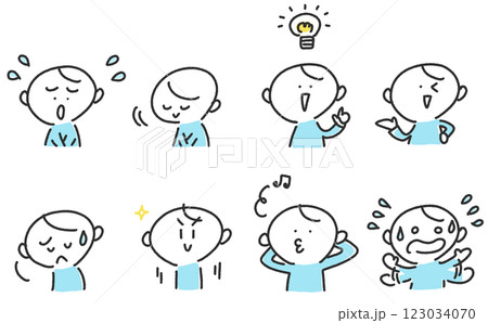 様々な表情の男性のセット 困る・落ち込む・ひらめく・慌てる 様々な表情の男性のセット 困る・落ち込む・ひらめく・慌てる 123034070